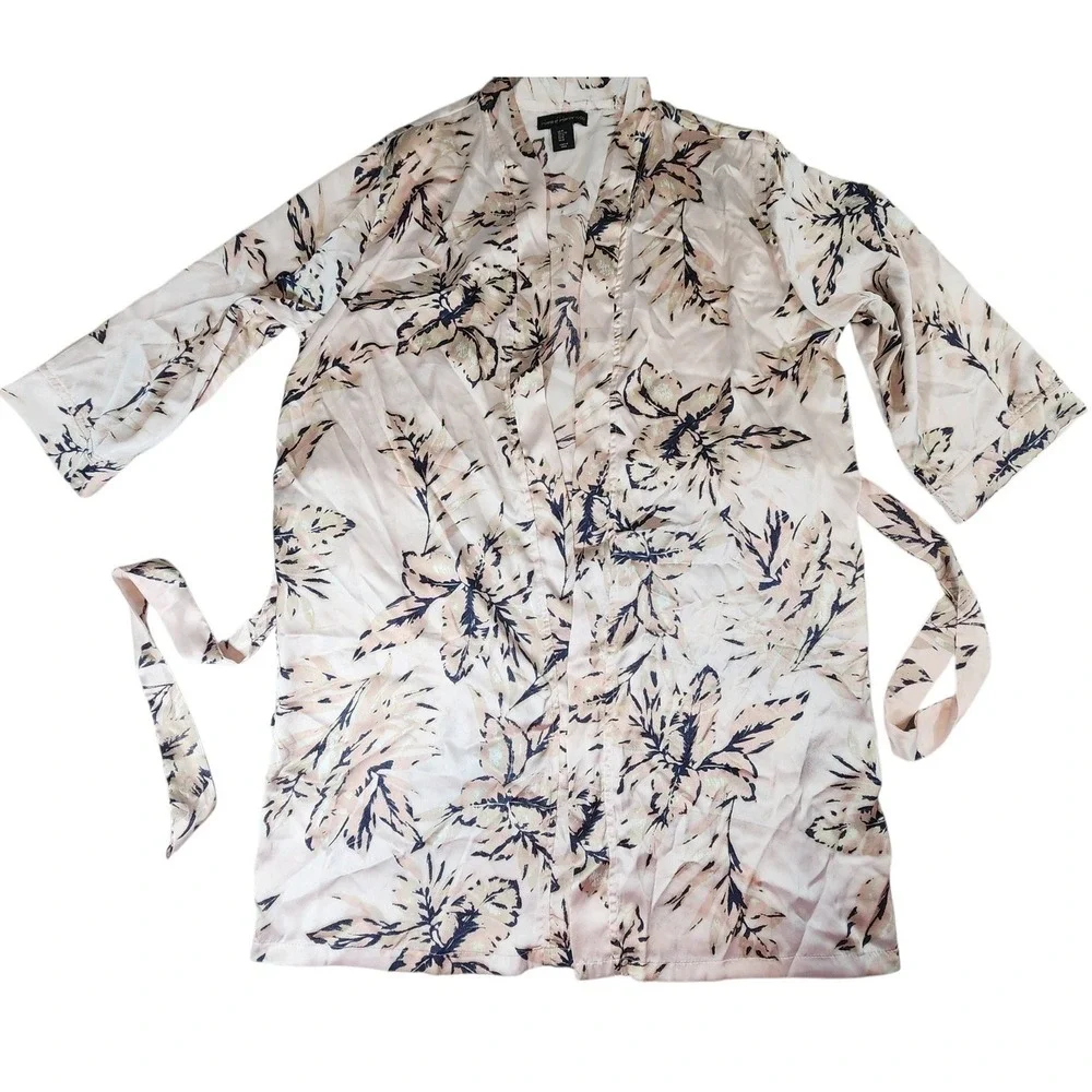 House of Harlow 1960 Robe Women Medium Pink Navy Leaf Print Satin Belted Pockets